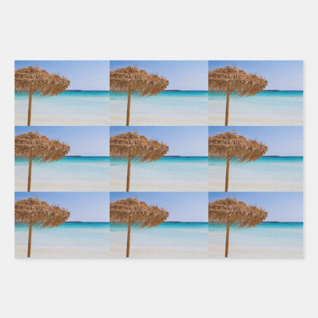 Scenic Tropical Beach with Straw Umbrella Pattern Wrapping Paper Sheets (Front)
