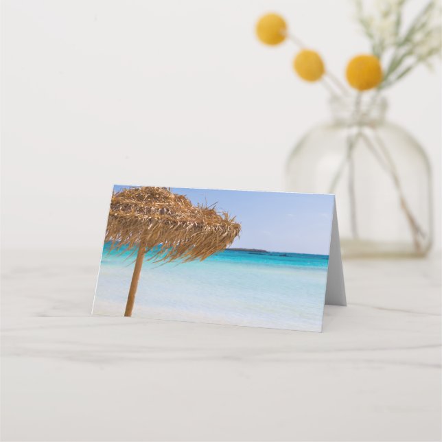 Scenic Tropical Beach with Straw Umbrella Place Card (Front)