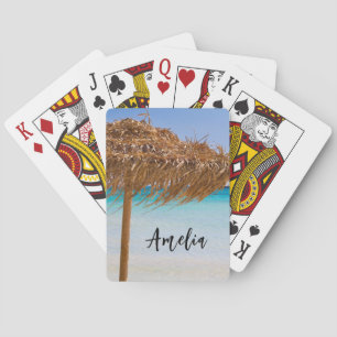 Scenic Tropical Beach with Straw Umbrella Poker Cards