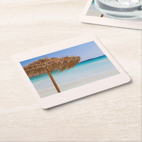 Scenic Tropical Beach with Straw Umbrella Square Paper Coaster