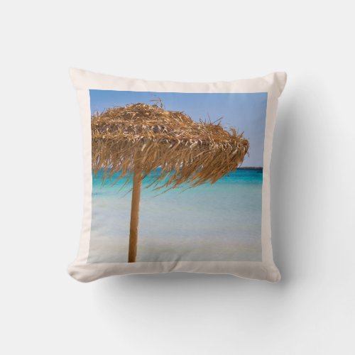 Scenic Tropical Beach with Straw Umbrella Throw Pillow