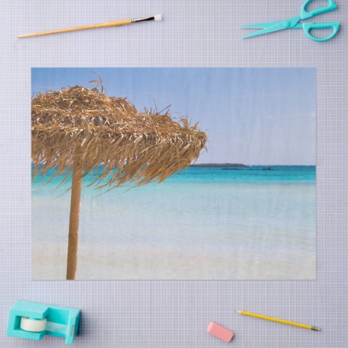 Scenic Tropical Beach with Straw Umbrella Tissue Paper