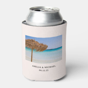 Scenic Tropical Beach with Straw Umbrella Wedding Can Cooler