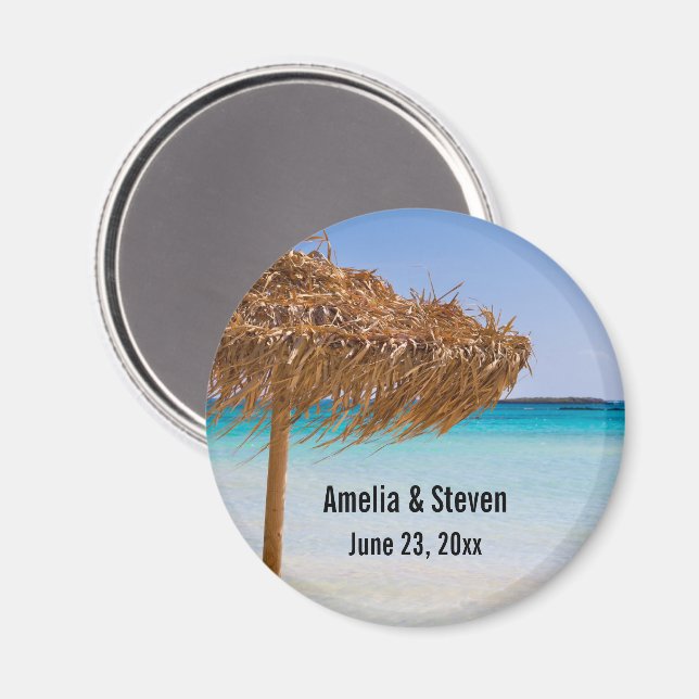 Scenic Tropical Beach with Straw Umbrella Wedding Magnet (Front/Back)