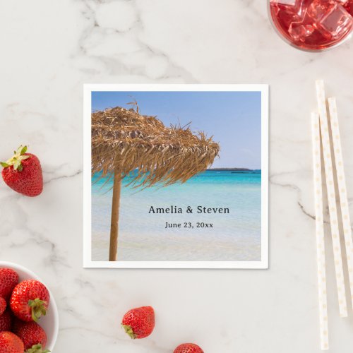 Scenic Tropical Beach with Straw Umbrella Wedding Napkins