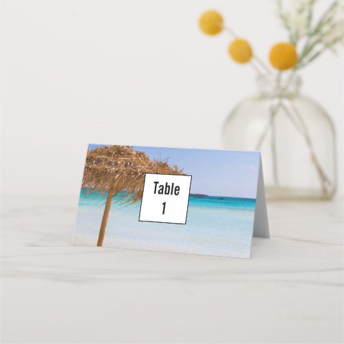 Scenic Tropical Beach with Straw Umbrella Wedding Place Card
