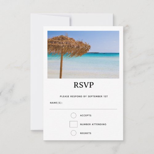 Scenic Tropical Beach with Straw Umbrella Wedding RSVP Card