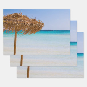Scenic Tropical Beach with Straw Umbrella Wrapping Paper Sheets