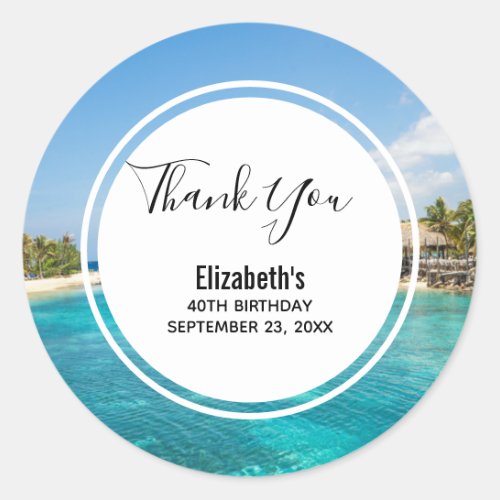 Scenic Tropical Beach with Thatched Huts Birthday Classic Round Sticker