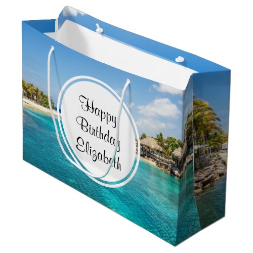 Scenic Tropical Beach with Thatched Huts Birthday Large Gift Bag