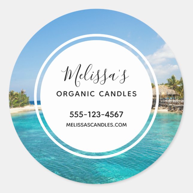 Scenic Tropical Beach with Thatched Huts Business Classic Round Sticker (Front)