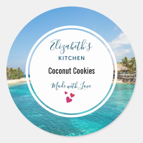 Scenic Tropical Beach with Thatched Huts Kitchen Classic Round Sticker