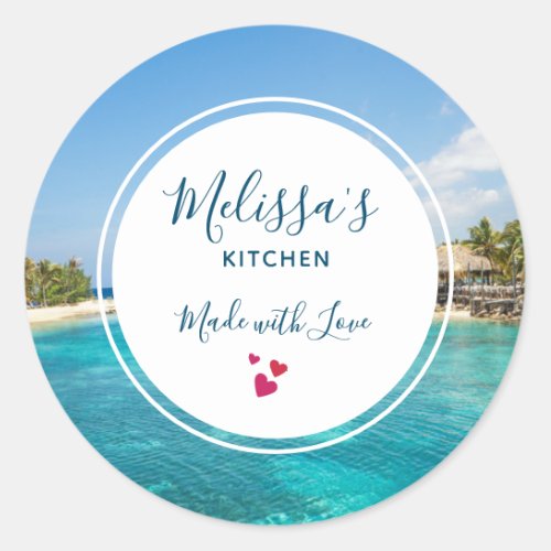 Scenic Tropical Beach with Thatched Huts Kitchen Classic Round Sticker