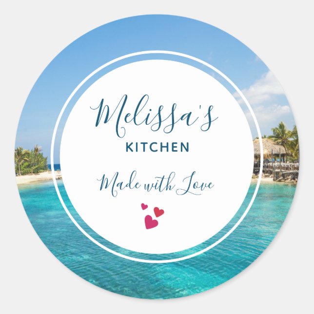 Scenic Tropical Beach with Thatched Huts Kitchen Classic Round Sticker (Front)