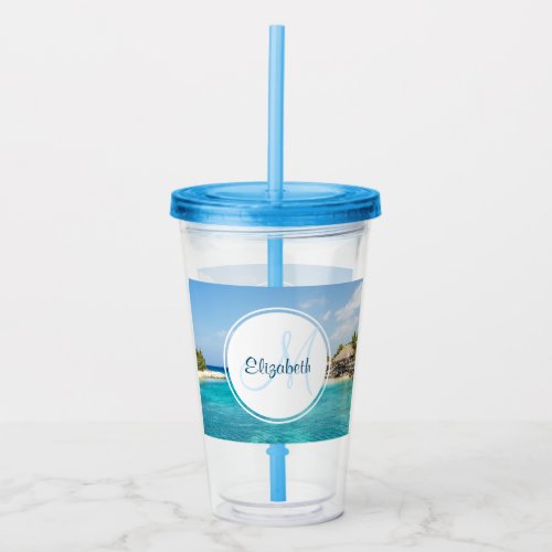 Scenic Tropical Beach with Thatched Huts Monogram Acrylic Tumbler