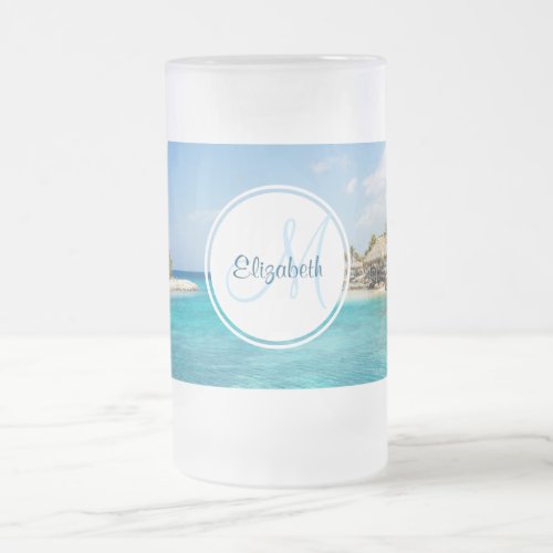 Scenic Tropical Beach with Thatched Huts Monogram Frosted Glass Beer Mug