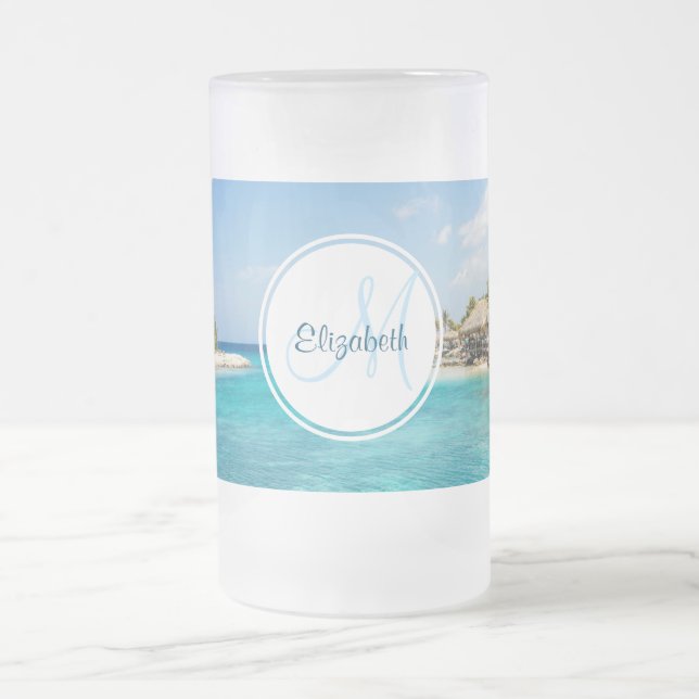 Scenic Tropical Beach with Thatched Huts Monogram Frosted Glass Beer Mug (Center)