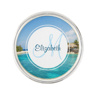 Scenic Tropical Beach with Thatched Huts Monogram Lapel Pin