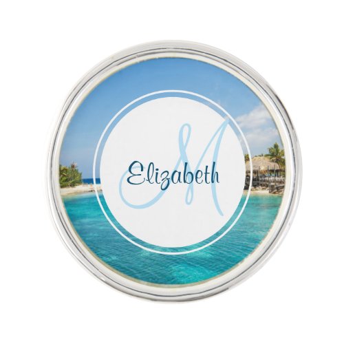 Scenic Tropical Beach with Thatched Huts Monogram Lapel Pin