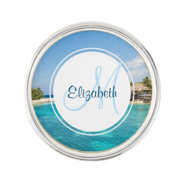 Scenic Tropical Beach with Thatched Huts Monogram Lapel Pin (Front)