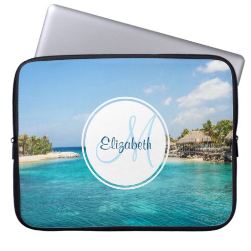 Scenic Tropical Beach with Thatched Huts Monogram Laptop Sleeve