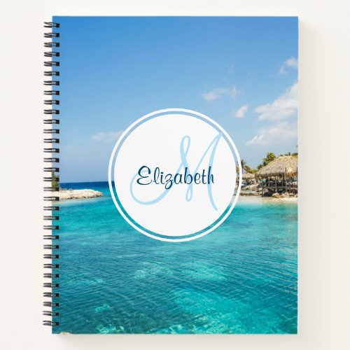 Scenic Tropical Beach with Thatched Huts Monogram Notebook