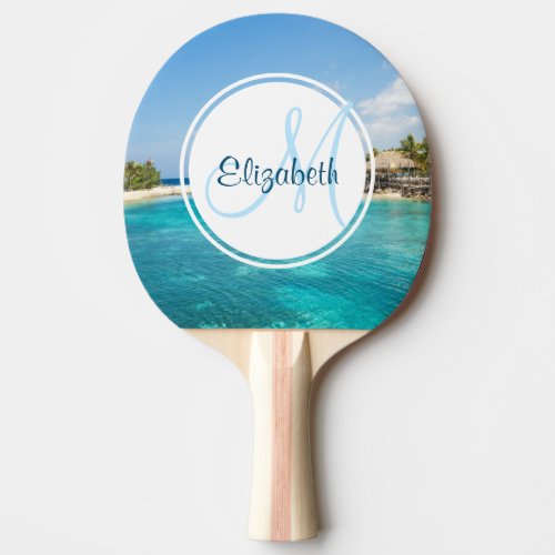 Scenic Tropical Beach with Thatched Huts Monogram Ping Pong Paddle