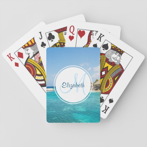 Scenic Tropical Beach with Thatched Huts Monogram Playing Cards