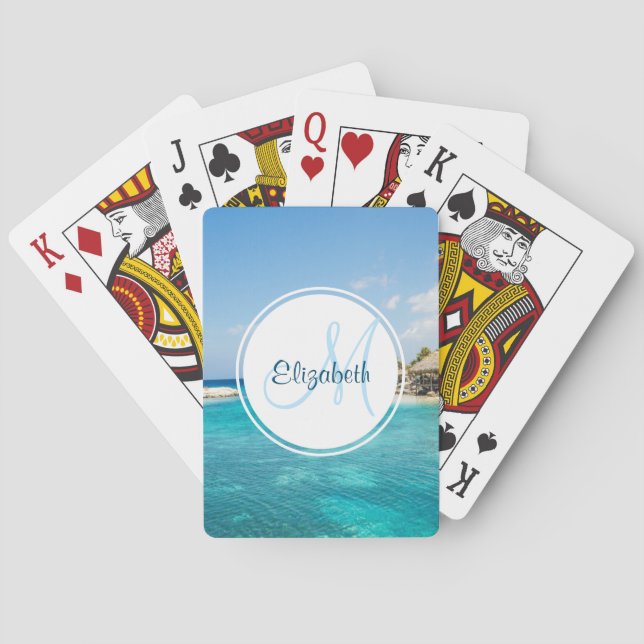 Scenic Tropical Beach with Thatched Huts Monogram Poker Cards (Back)