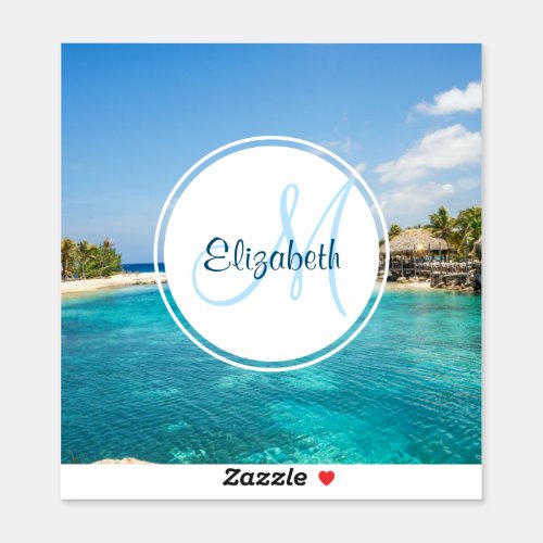 Scenic Tropical Beach with Thatched Huts Monogram Sticker
