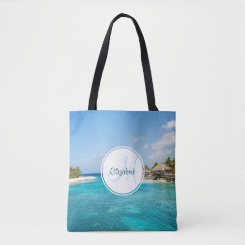 Scenic Tropical Beach with Thatched Huts Monogram Tote Bag