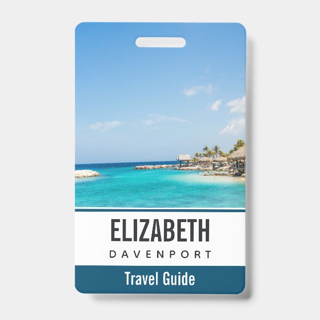 Scenic Tropical Beach with Thatched Huts Photo Badge (Front)