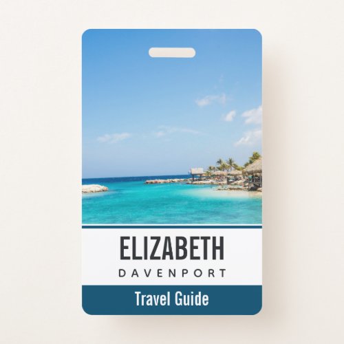 Scenic Tropical Beach with Thatched Huts Photo Badge