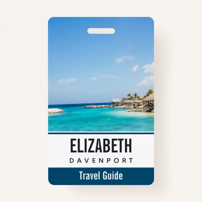 Scenic Tropical Beach with Thatched Huts Photo Badge (Front)