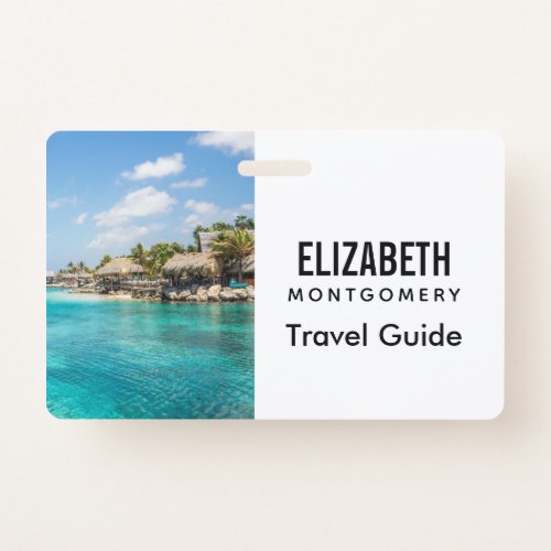 Scenic Tropical Beach with Thatched Huts Photo Badge