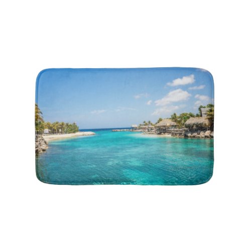 Scenic Tropical Beach with Thatched Huts Photo Bath Mat