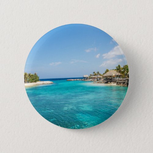 Scenic Tropical Beach with Thatched Huts Photo Button