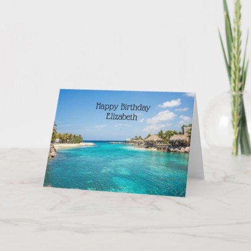 Scenic Tropical Beach with Thatched Huts Photo Card