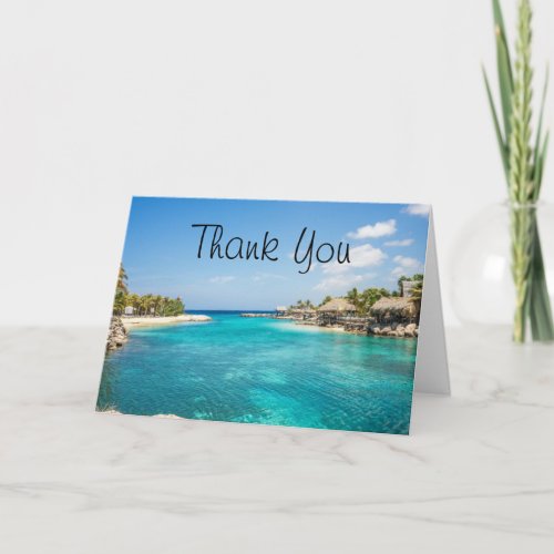 Scenic Tropical Beach with Thatched Huts Photo Card