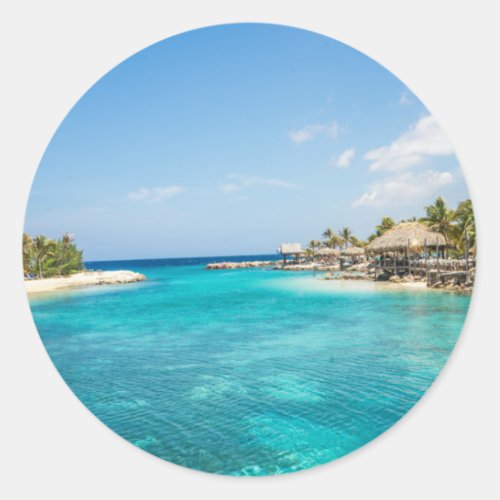 Scenic Tropical Beach with Thatched Huts Photo Classic Round Sticker