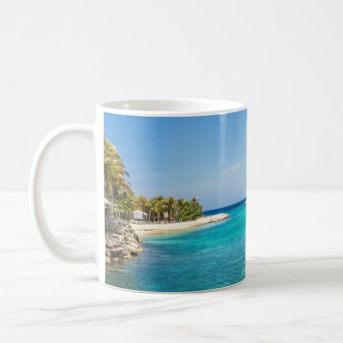 Scenic Tropical Beach with Thatched Huts Photo Coffee Mug