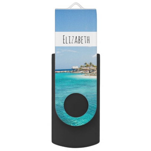 Scenic Tropical Beach with Thatched Huts Photo Flash Drive