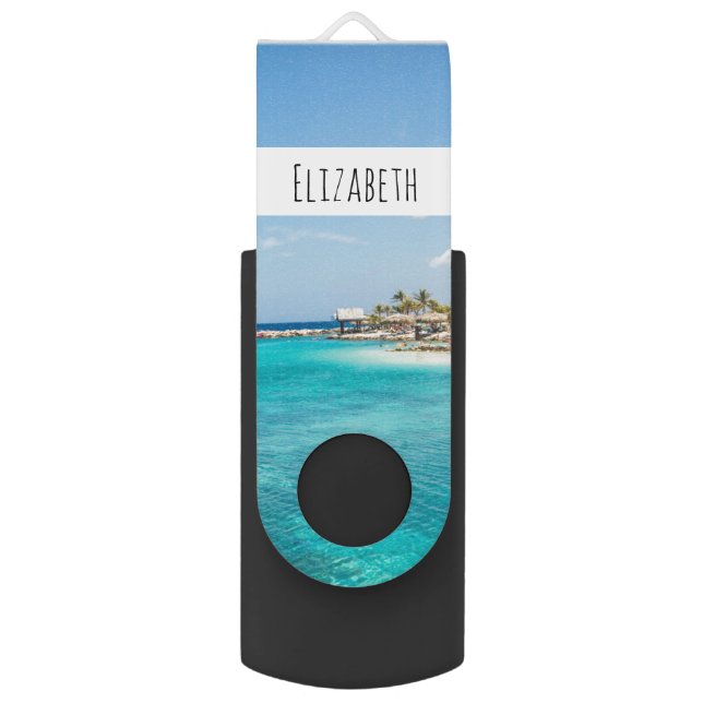 Scenic Tropical Beach with Thatched Huts Photo Flash Drive (Front Vertical)