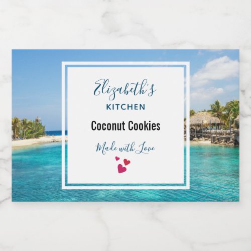 Scenic Tropical Beach with Thatched Huts Photo Food Label