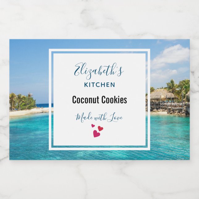 Scenic Tropical Beach with Thatched Huts Photo Food Label (Single Label)