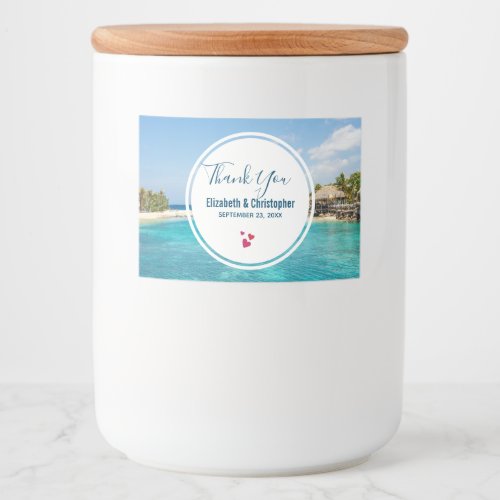 Scenic Tropical Beach with Thatched Huts Photo Food Label