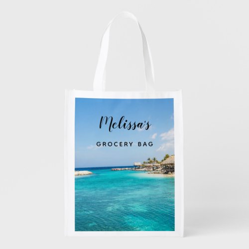 Scenic Tropical Beach with Thatched Huts Photo Grocery Bag