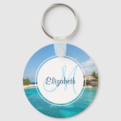 Scenic Tropical Beach with Thatched Huts Photo Keychain