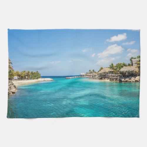 Scenic Tropical Beach with Thatched Huts Photo Kitchen Towel