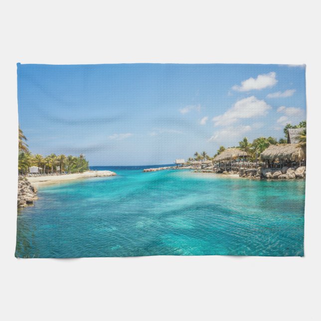 Scenic Tropical Beach with Thatched Huts Photo Kitchen Towel (Horizontal)